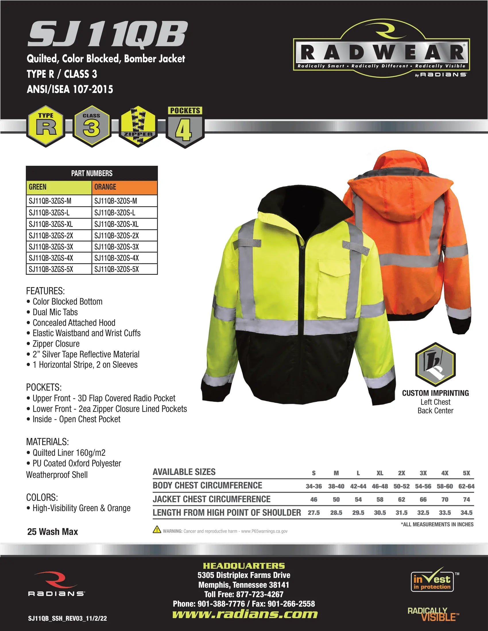 Radians SJ11QB Class 3 High Visibility Weatherproof Bomber Jacket with Quilted Built-in Liner