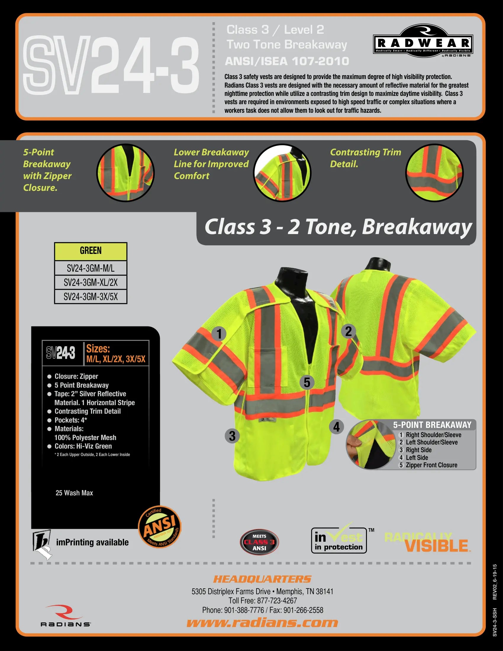 Radians SV24-3 Class 3 Breakaway Safety Vest with Zip-N-Rip™