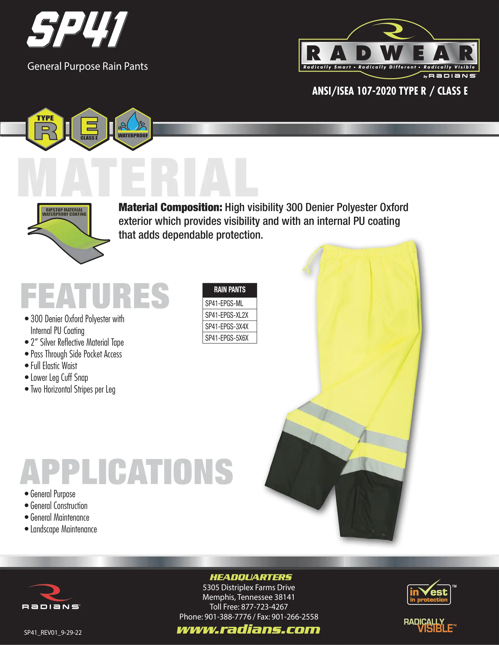 Radians SP41 Class E Sealed Waterproof Safety Pants