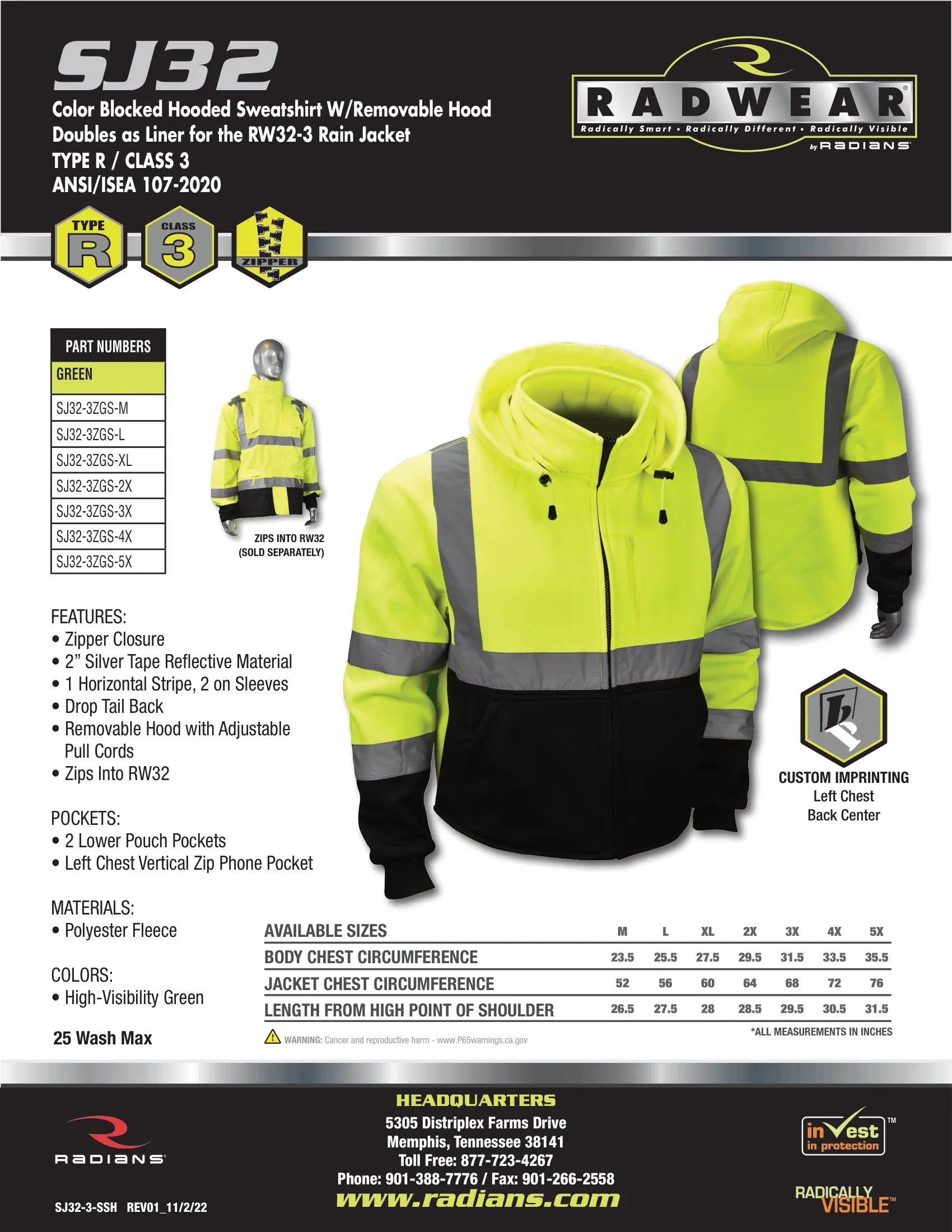 Radians SJ02B-3 Class 3 Color Blocked Hooded Sweatshirt