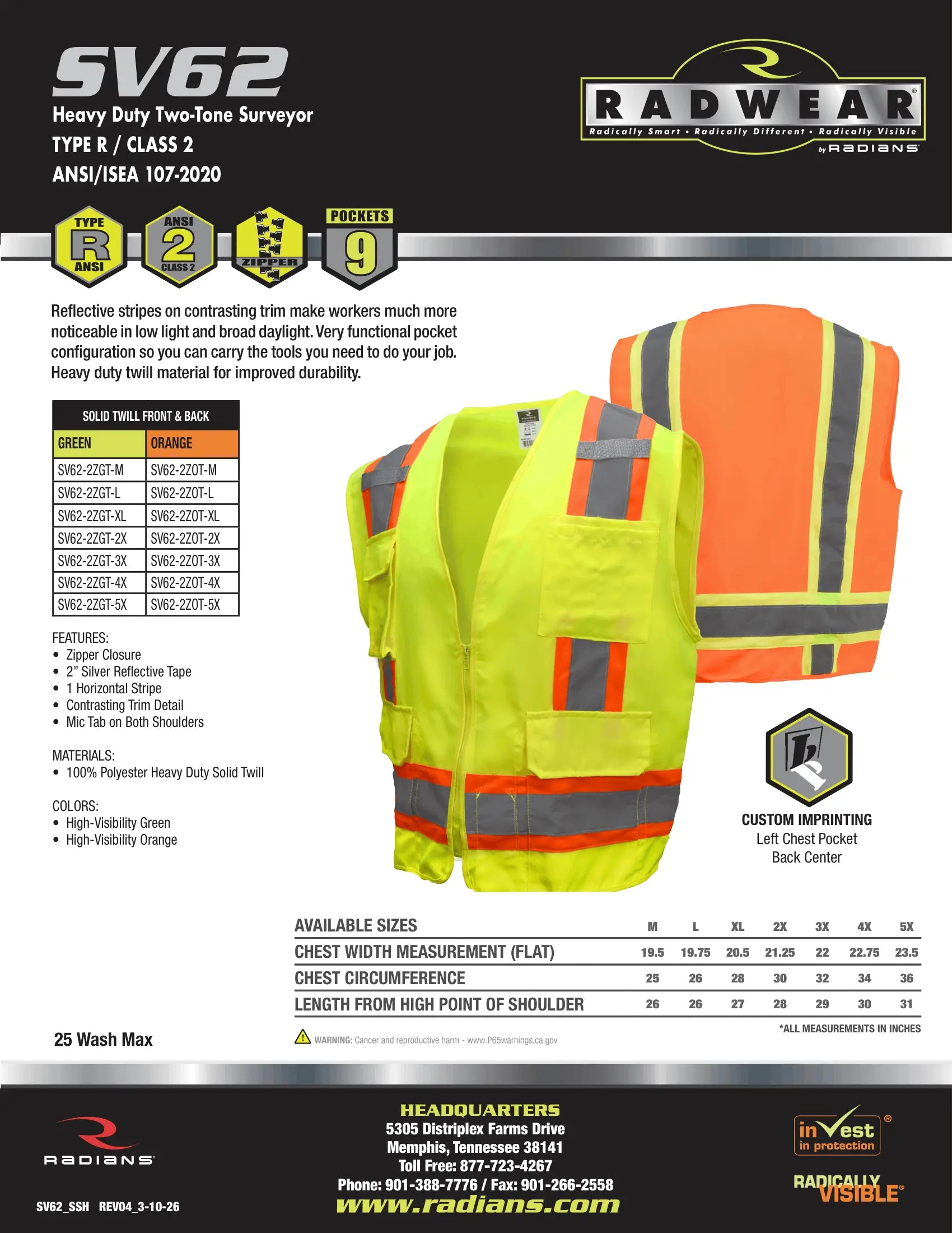 Radians SV62 Type R Class 2 Surveyor Heavy Duty Solid Twill Safety Vest