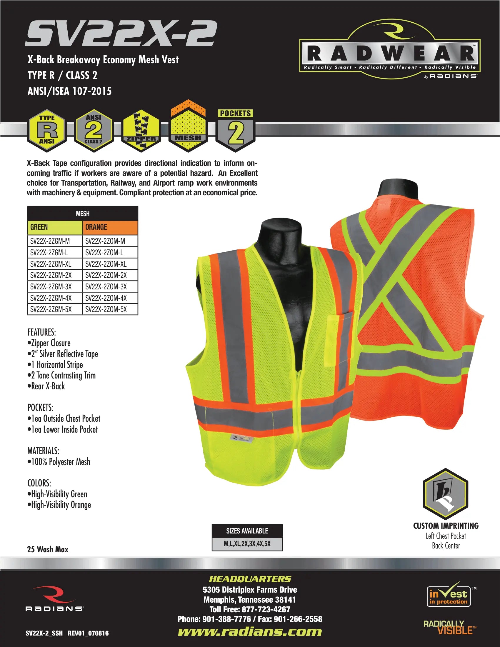 Radians SV22X Economy Mesh X-Back Type R Class 2 Safety Vest with Two-Tone Trim