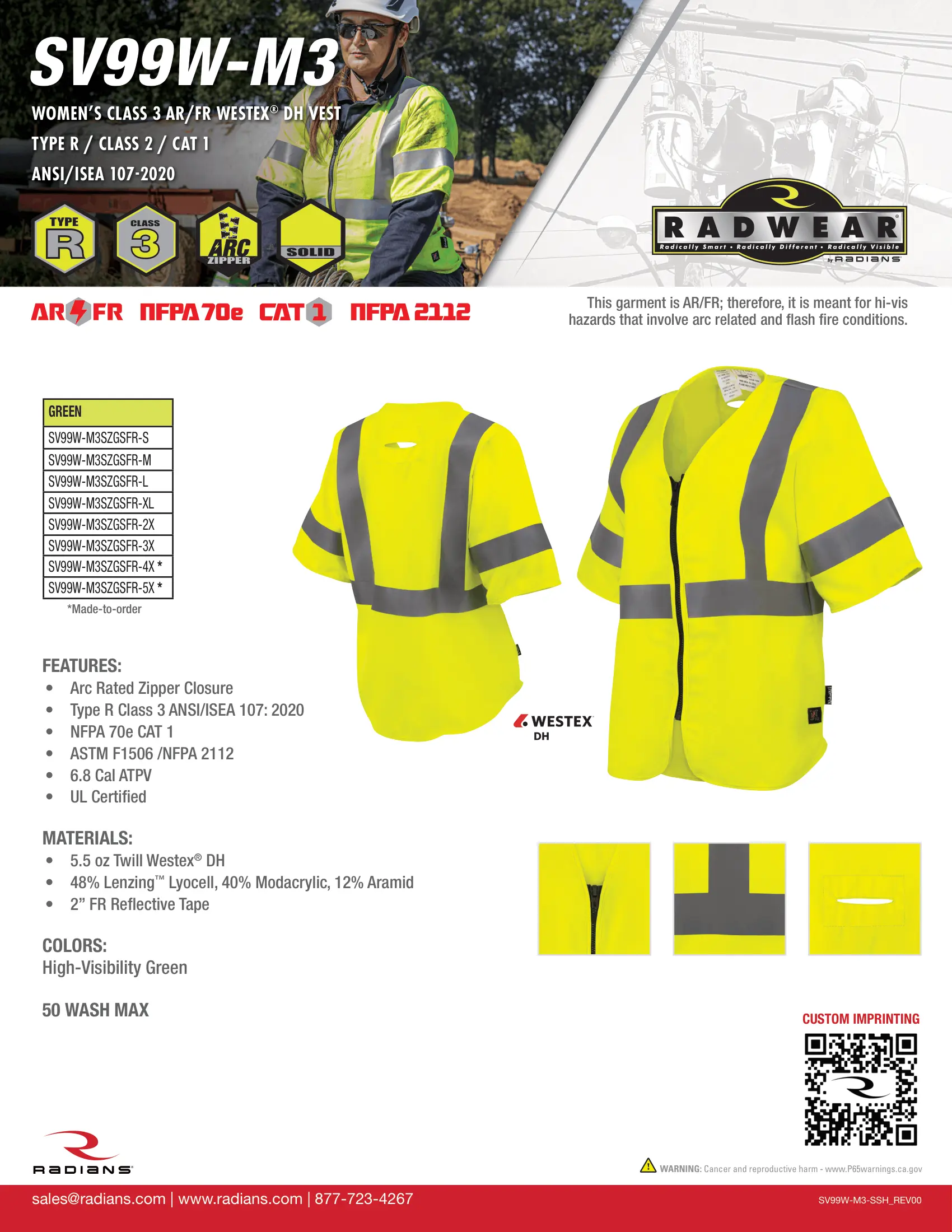 Radians SV99W-M3ZGSFR 5.5 oz Women’s Class 3 AR/FR Westex® DH Vest