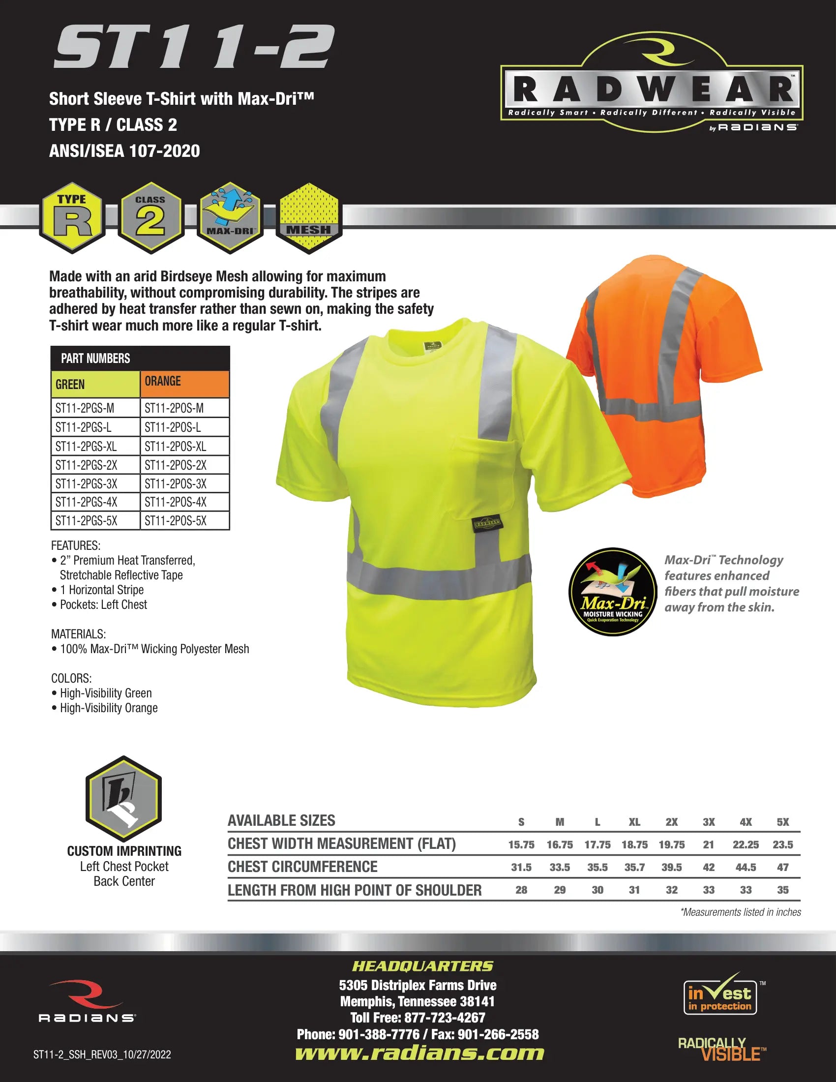 Radians ST11 Class 2 High Visibility Safety T-Shirt with Max-Dri™