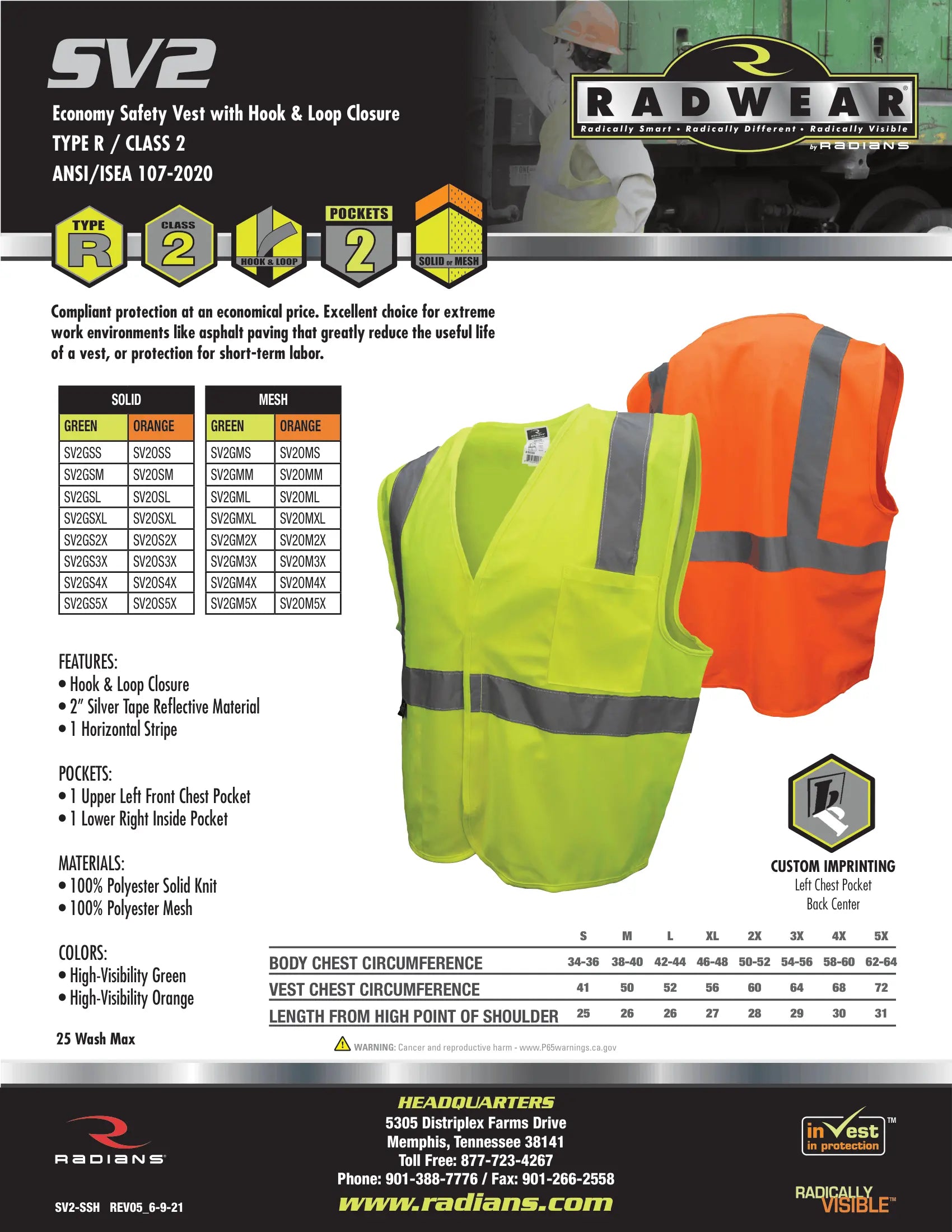 Radians SV2 Economy Type R Class 2 Solid Safety Vest