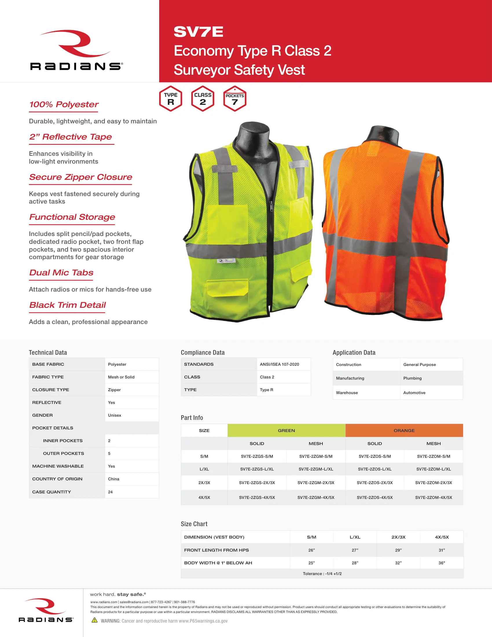 Radians SV7E Economy Type R Class 2 Solid Surveyor Safety Vest