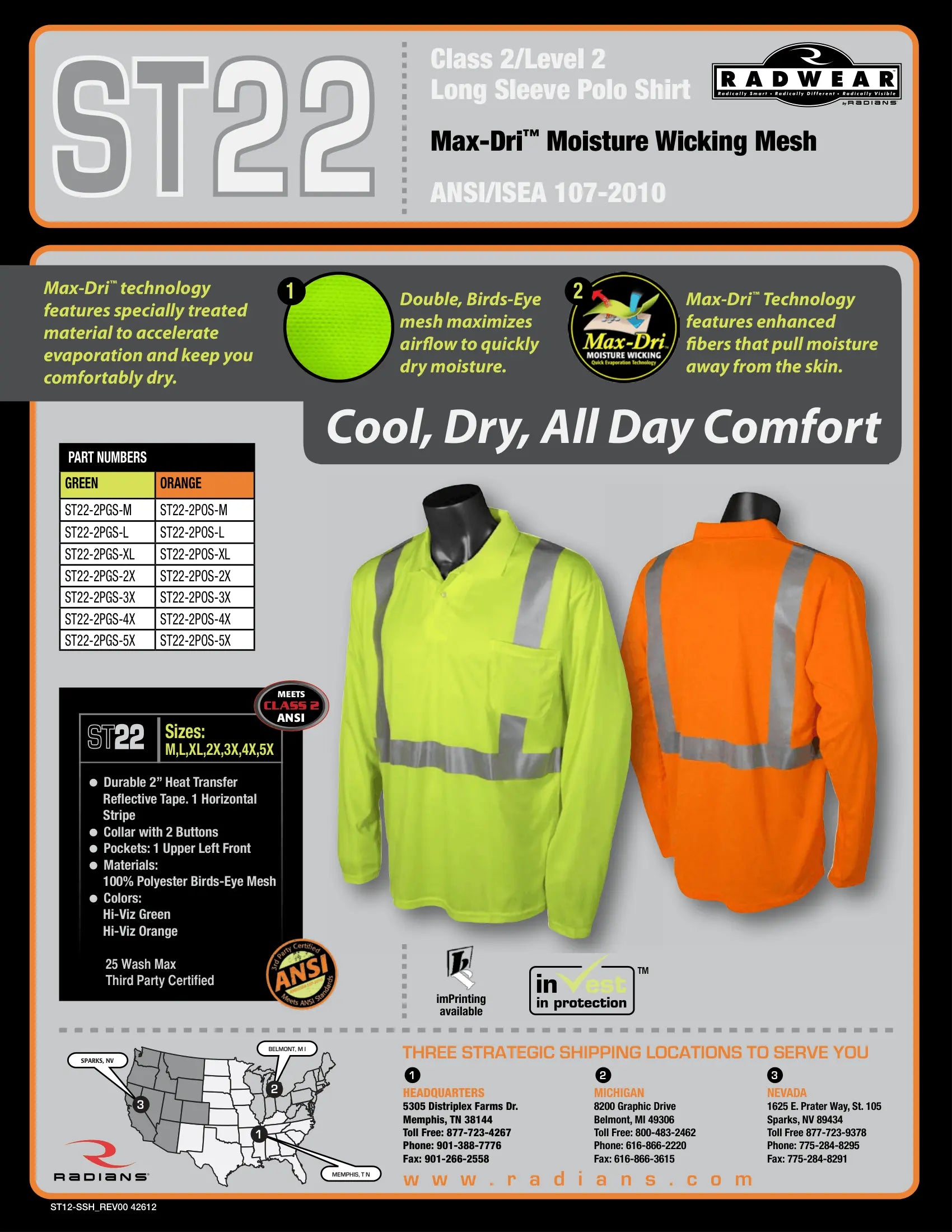 Radians ST22 Class 2 High Visibility Safety Long Sleeve Polo