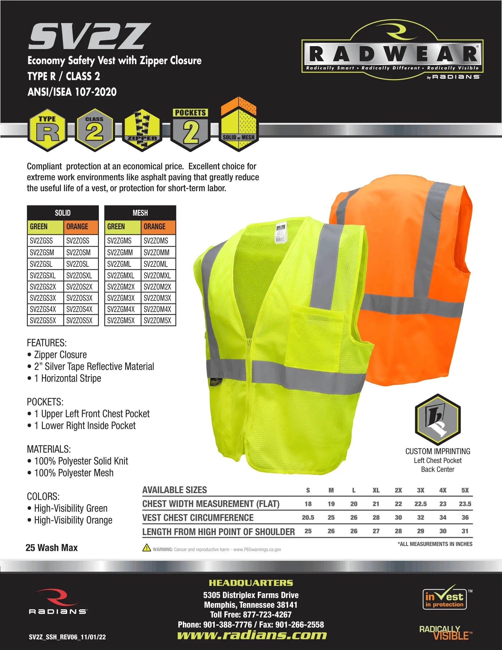Radians SV2Z Economy Type R Class 2 Solid Safety Vest with Zipper