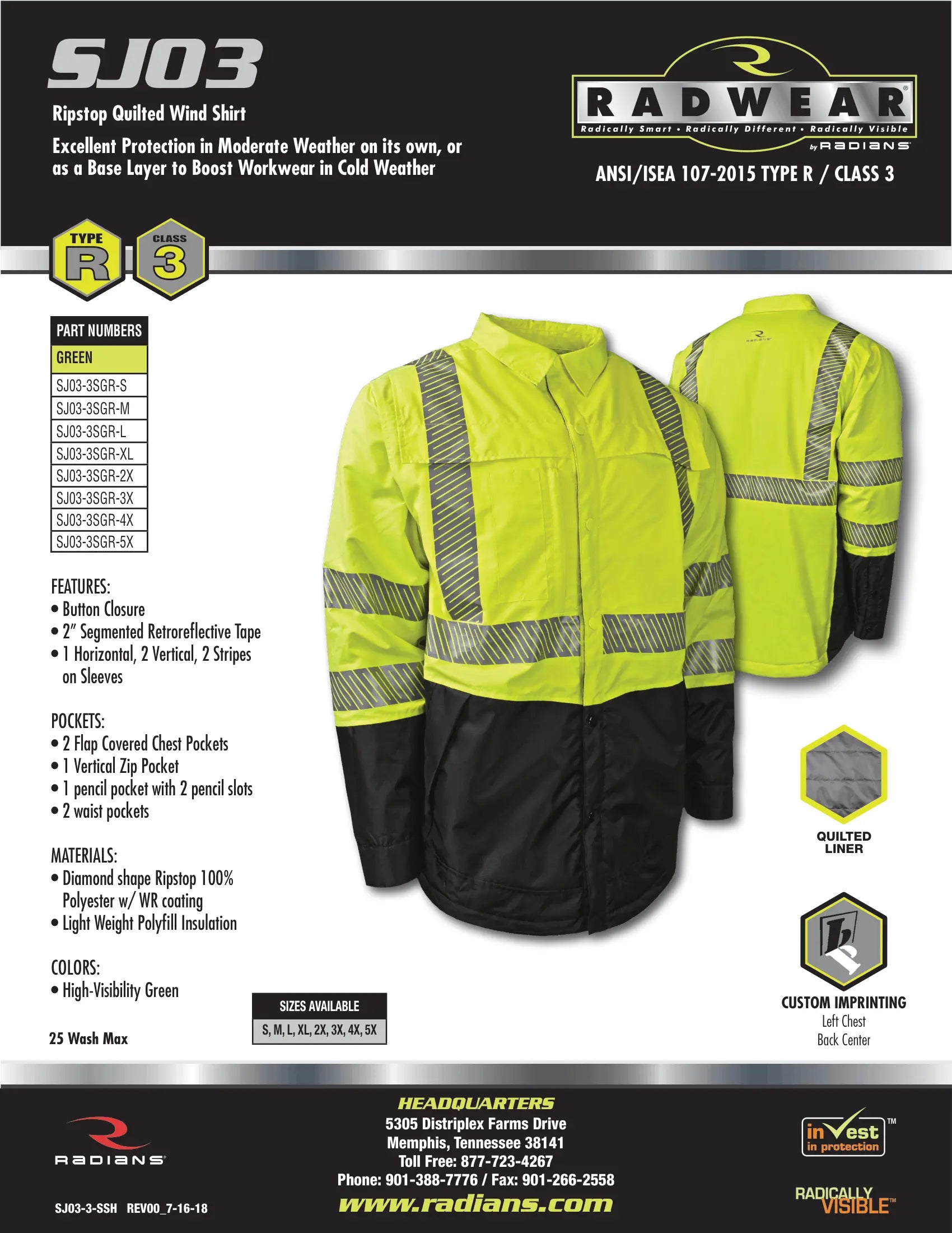 Radians SJ03 Type R Class 3 Ripstop Quilted Wind Shirt